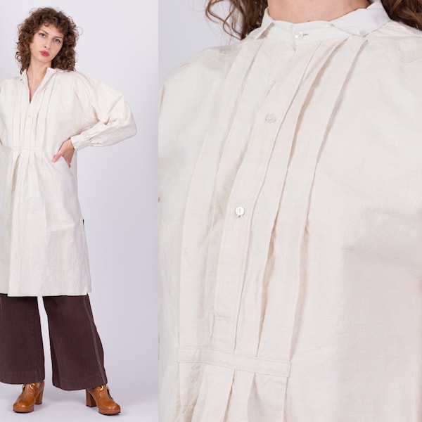 Ancienne blouse de travail en lin française des années 1900 unisexe petit | Chemise tunique paysanne monogrammée fermier édouardien vintage