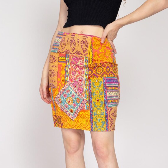 Vintage 90s Patchwork Print Mini Pencil Skirt - V… - image 1