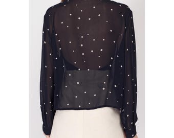 XL 90s Sheer Midnight Blue Polka Dot Blouse | Vintage Boho