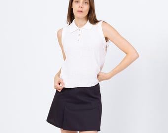 Vintage 90s White Cotton Knit Polo Top - Medium | Preppy Sleeveless Collared Top