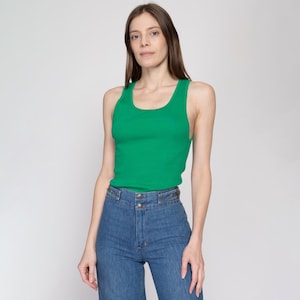 Sm-Lrg 80s Plain Green Undershirt Muscle Tank | Vintage Soft Combed Cotton Ribbed Sleeveless Top