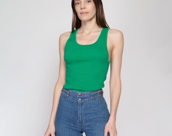 Muscle Tank uni années 80 Undershirt vert - Petit à moyen | Haut sans manches côtelé en coton peigné doux vintage
