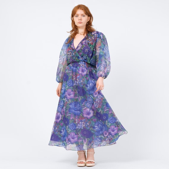 訳あり:希少Diane Freis鮮やか 総柄エレガントドレス Vintage 80s Diane Freis Purple Floral Beaded Dress - Large