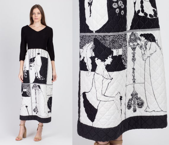 70s Art Nouveau Gibson Girl Quilted Maxi Dress - S