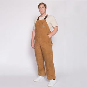 44x31 Vintage Carhartt Insulated Quilt Lined Overalls | 90s Y2K Duck Canvas Tan Workwear Jumpsuit