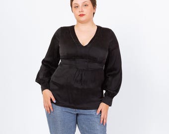 Vintage Y2K Black Silk Babydoll Blouse - Large | Boho Long Sleeve Festival Top, Gothic V Neck Puff Sleeve Shirt