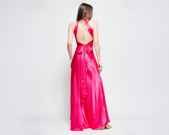 Sm-Med 90s Hot Pink Satin Backless Evening Gown |… - image 1