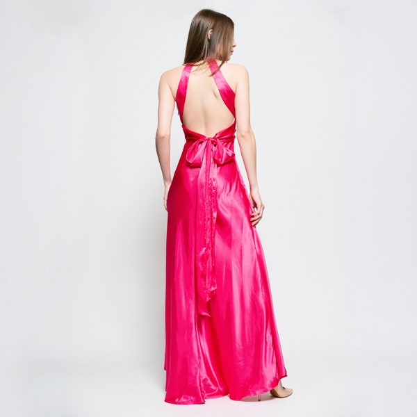 Sm-Med 90s Hot Pink Satin Backless Evening Gown | Vintage Niki Livas Open Back Sleeveless Halter High Low Hem Maxi Dress