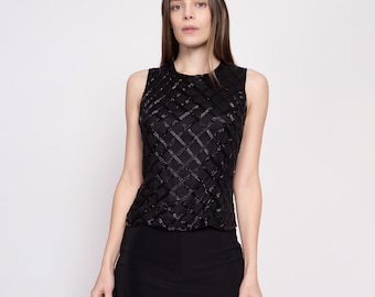 Medium Vintage Laurence Kazar Silk Beaded Top | 80s 90s Black Deco Sleeveless Blouse