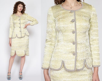 Small 60s Quilted Plisse Blazer & Mini Skirt Set | Vintage Silver Yellow Scalloped Petal Hem Two Piece Suit Outfit
