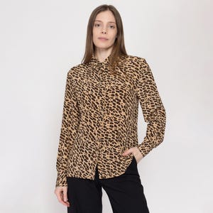 Medium 90s Silk Leopard Print Blouse | Vintage Animal Print Long Sleeve Collared Button Up Top