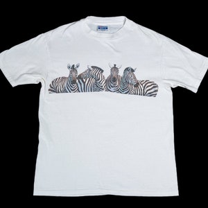 Medium 80s Zebra Graphic T Shirt Men's Vintage White Animal Wildlife Print Tee image 1