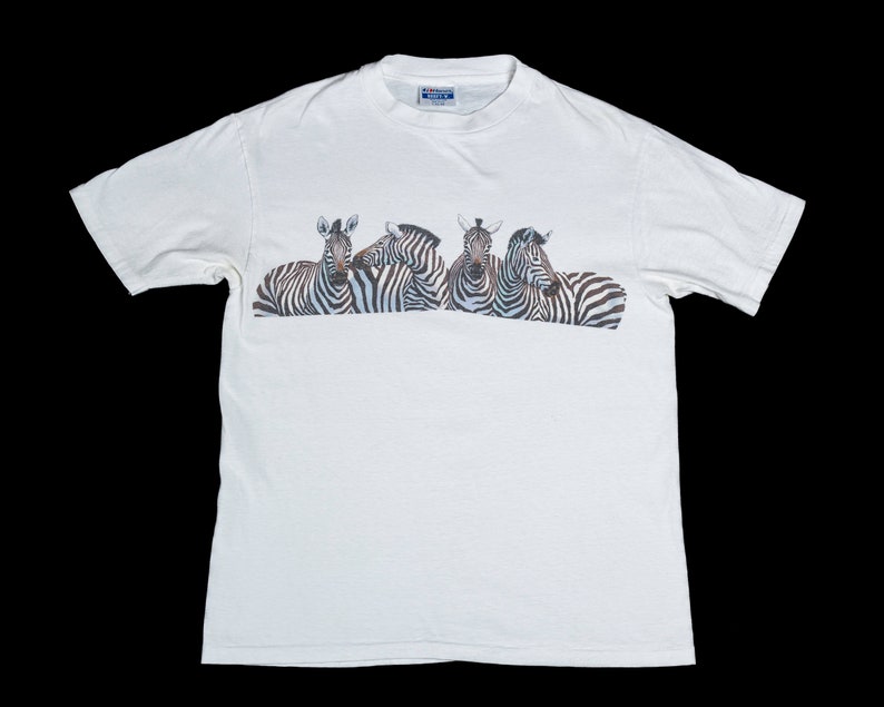 Medium 80s Zebra Graphic T Shirt Men's Vintage White Animal Wildlife Print Tee image 1