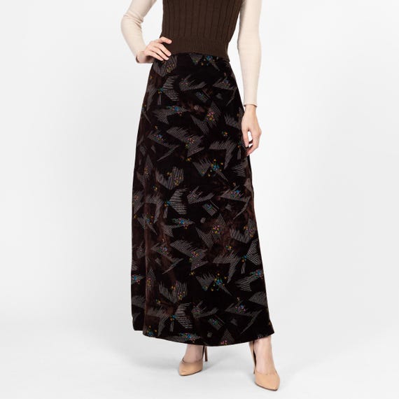 Small 70s Abstract Floral Dark Brown Velvet Maxi Skirt 27