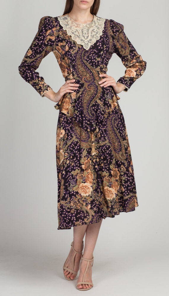 80s Lace Collar Floral Midi Dress Small | Vintage… - image 3