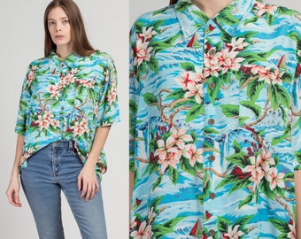 90s Hawaiian Aloha Shirt Men's Large | Vintage Floral Palm Tree Print Print Button Up Rayon Top