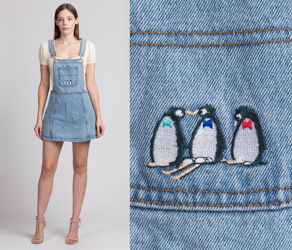 90s Denim Penguin Overall Romper Mini Dress - Medi