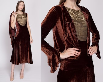 XS-Sm 1920s Silk Velvet Lamé Dress & Jacket Set | Antique 20s True Vintage Midi Dress Two Piece Matching Outfit