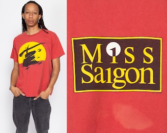 Large 80s Miss Saigon Broadway Musical T Shirt | Vintage Theater Play Faded Red Graphic Tee