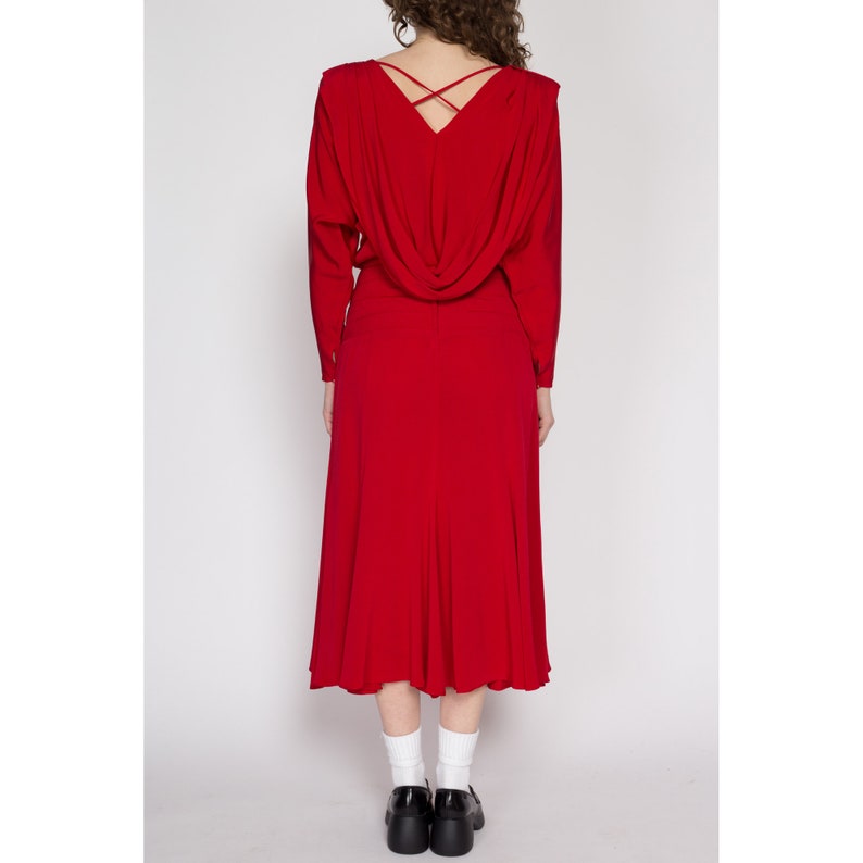 Small 80s Casadei Red Draped Back Midi Dress Vintage Designer Long Sleeve Blouson Shirtdress image 5