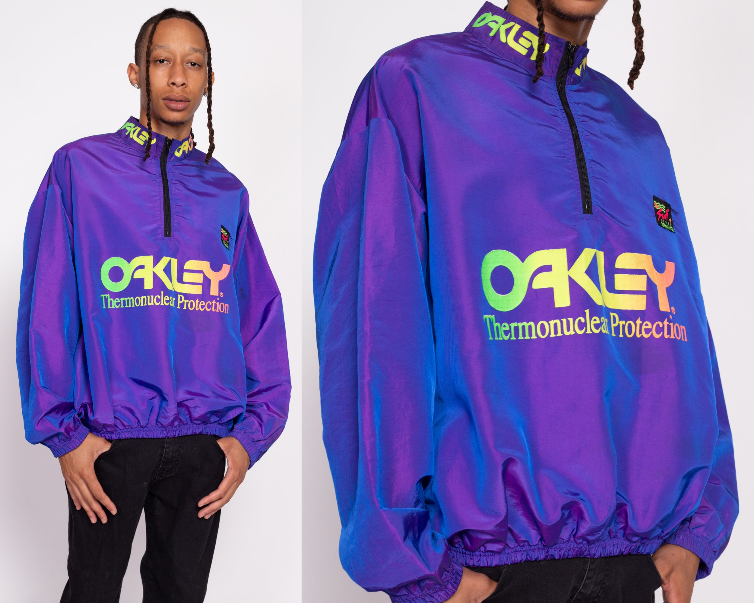 90s Oakley Thermonuclear Protection Surf Style Windbreaker - One Size |  Vintage Iridescent Purple Half Zip Pullover Neon Jacket