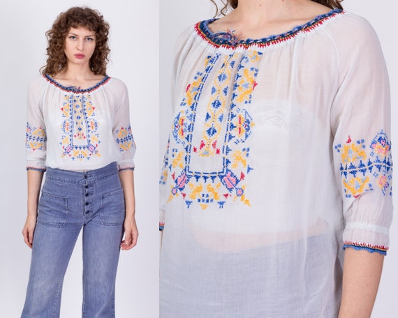 Vintage 30s Embroidered Romanian Peasant Blouse S… - image 1