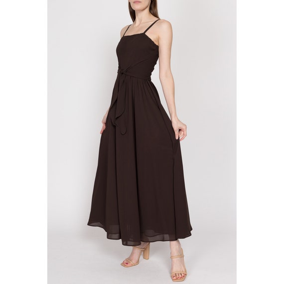 XS 70s Chocolate Brown Chiffon Tie Front Gown | V… - image 4