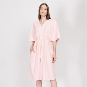 Medium 70s Pink Velour Midi Loungewear House Dress | Vintage Vanity Fair Zip Up Flutter Sleeve Dressing Gown Robe