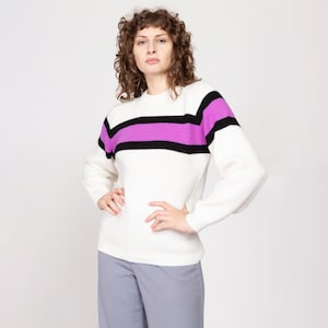 Medium 80s Arctic Cat White & Purple Color Block Sweater | Vintage Striped Knit Winter Ski Pullover