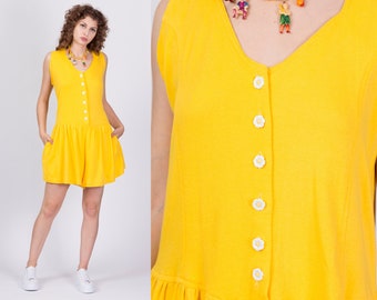 Large 80s Yellow Daisy Button Romper Deadstock With Tags | Vintage Slouchy Loungewear Outfit