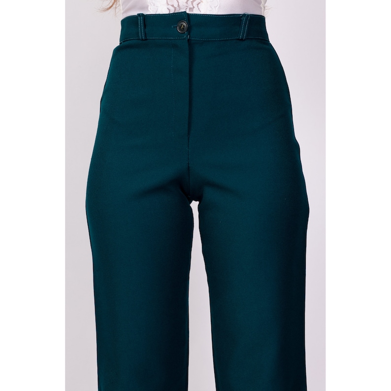 70s Emerald Green High Waisted Trousers XXS, 23 Vintage Straight Leg Retro Polyester Pants image 6