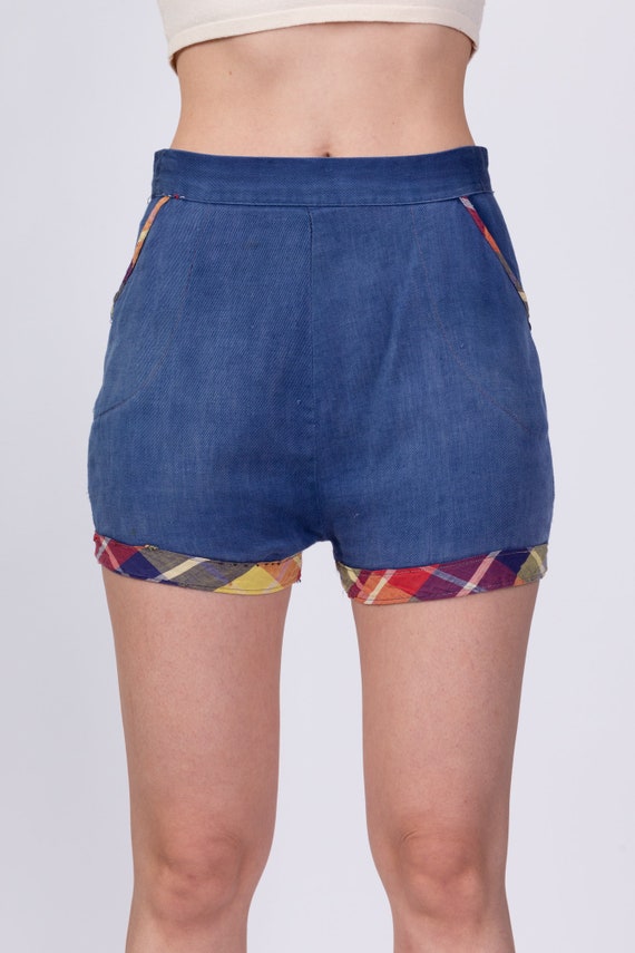 50s 60s Plaid Trim Jean Pinup Shorts Extra Small, 25"… - Gem