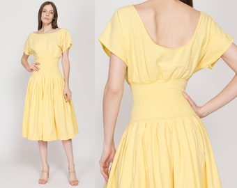 Small 70s 80s Yellow Fit & Flare Midi Dress | Vintage Low Back Retro Ribbed Waist Sundress