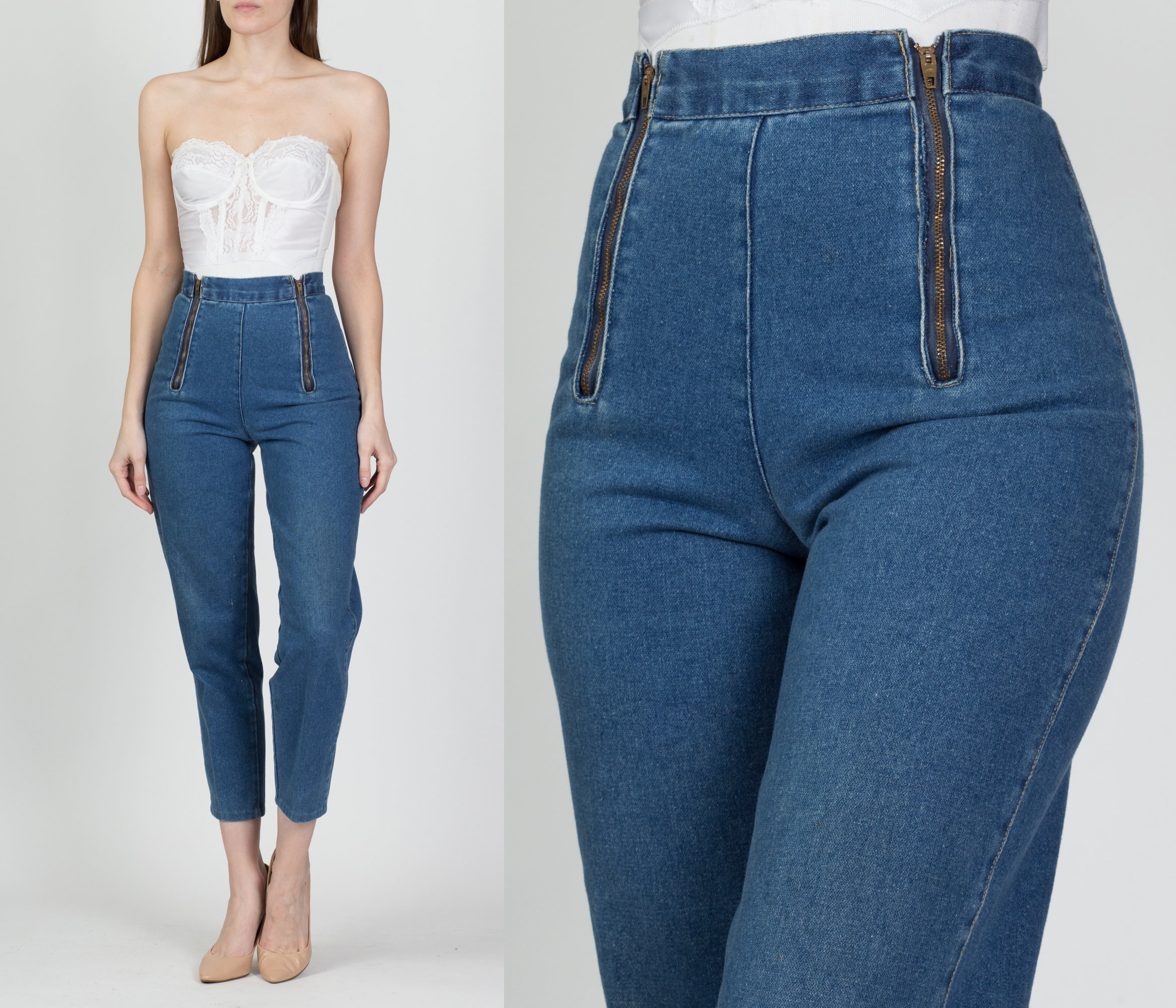 60s 70s High Waist Double Zipper Jeans Extra Small 24.5