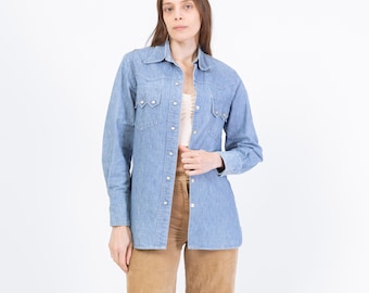 Vintage 70s Lady Wrangler Denim Sawtooth Pocket Western Shirt - Small | Cotton Chambray Pearl Snap Shacket