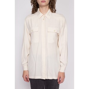 Medium 90s Ivory Silk Blouse Vintage Minimalist Long Sleeve Button Up Collared Shirt image 2