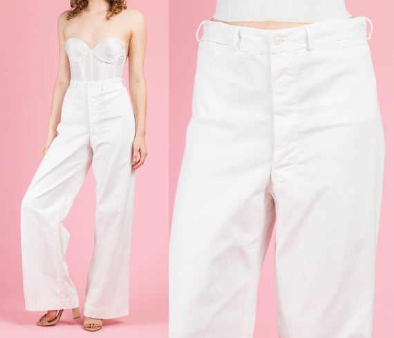 70s White High Waisted Unisex Sailor Pants - 31.5"