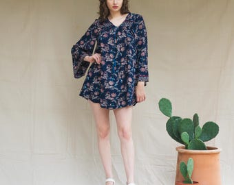 Vintage 90s Navy Blue Floral Bell Sleeve Mini Tent Dress - Large | Flowy Angel Sleeve Sundress, Boho Summer Party Dress
