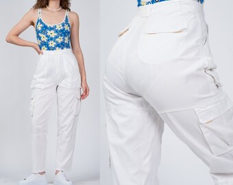 Small 80s Palmetto's White Cargo Pants 25.5" | Vintage High Waist Pleated Cotton Trousers