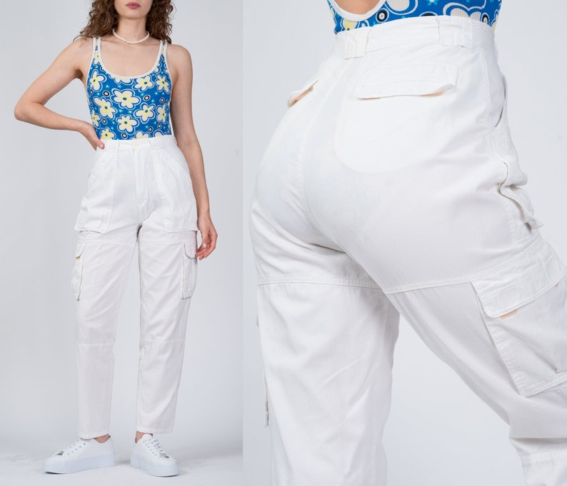 Small 80s Palmetto's White Cargo Pants 25.5 Vintage High Waist Pleated Cotton Trousers image 1