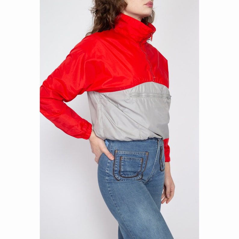 Medium 80s Convertible Windbreaker Crossbody Bag Jacket Vintage Red Grey Half Zip Lightweight Pullover Jacket image 4