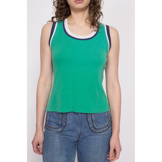 70s Green Ringer Tank Medium | Vintage Striped Sl… - image 2