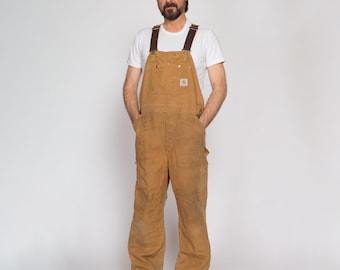 XL Vintage Carhartt Tan Insulated Overalls | 90s Quilt Lined Duck