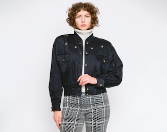 80s Escada Black Star Bomber Jacket - Large | Vintage Margaretha Ley Designer Embroidered Button Up Jacket