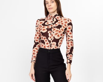 XS 70s Brown Poppy Floral Collared Bodysuit Top | Vintage Gauzy Long Sleeve Button Disco Shirt