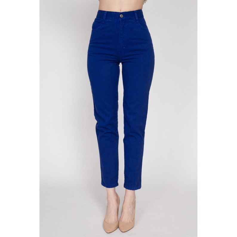 XS 90s Royal Blue High Waisted Jeans 24 Vintage Denim Slim Skinny Tapered Leg Mom Jeans image 3