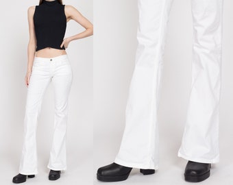 Small Y2K United Colors of Benetton White Low Rise Flares | Vintage Twill Bell Bottoms Low Rider Flared Pants