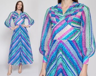Petite robe Maxi rayée psychédélique des années 60 70 Petite | Robe hippie vintage à manches transparentes et ligne A