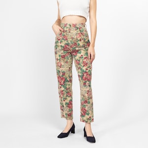 Small 80s Floral High Waisted Jeans 26.5&quot; | Vintage Denim Tapered Leg Mom Jeans