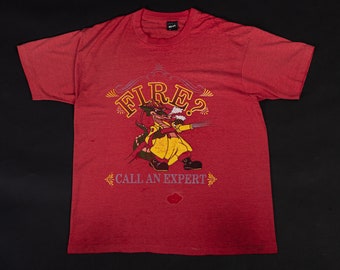 80s "Fire? Call An Expert" Dragon Burnout Tee Men's XL | Vintage Red Funny Graphic T Shirt